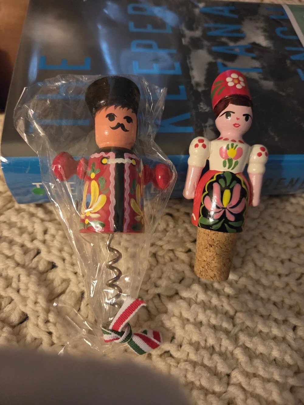 Vtg Hungarian folk art maiden bottle stopper & matching cork screw set